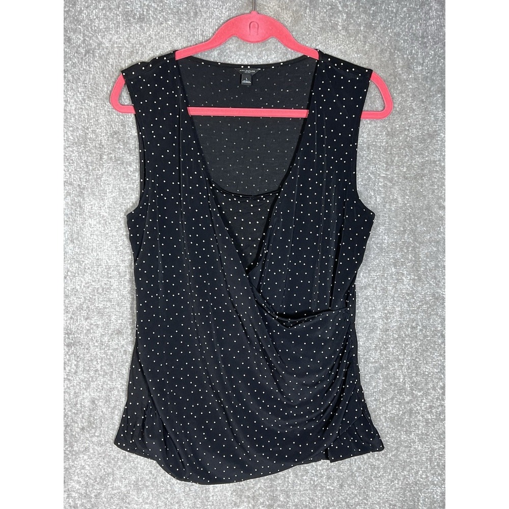 Ann Taylor Faux Wrap Top Women Size Large Black Polka Dot Mixed Media Scoop Neck